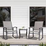 Shintenchi 3 Piece Rocking Bistro Set, Outdoor Furniture with Rocker Chairs and Glass Coffee Table Balcony, Porch Furniture for Small Space, Gray
