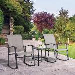 Shintenchi 3 Piece Rocking Bistro Set, Outdoor Furniture with Rocker Chairs and Glass Coffee Table Balcony, Porch Furniture for Small Space, Gray