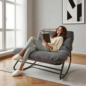 CHIQUERID Patio Outdoor Rocking Chair,Oversized Papasan Rocking Chair with Cushion,Lounge Chair Outdoor/Indoor,Supports 450 Lbs,Comfy Chair for Garden/Lawn/Brown/Bedroom/Living Room，Gray