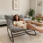 CHIQUERID Patio Outdoor Rocking Chair,Oversized Papasan Rocking Chair with Cushion,Lounge Chair Outdoor/Indoor,Supports 450 Lbs,Comfy Chair for Garden/Lawn/Brown/Bedroom/Living Room，Gray