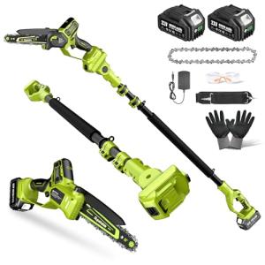 Electric Pole Saws for Tree Trimming, 8" & 6" Mini Chainsaw Cordless with Extension Pole & 2x4.0Ah Battery, 20V Brushless Pole Saw Battery Powered, 16 Ft Reach, Tree Trimmer Limb Branch Cutter Pruner