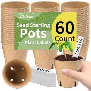 Dalzom® 60Pcs 3.1” Peat Pots with 60Pcs Plant Labels, Biodegradable Pots for Seedlings with Drainage Holes, Garden Plant Nursery Pots Seed Starting Trays