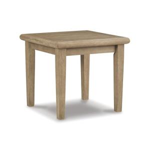 Signature Design by Ashley Gerianne Outdoor Square End Table with Slatting Styling and 5-Step Finishing Process, Eucalyptus Wood Frame, 22" High, Grayish Brown