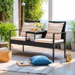 Devoko Patio Conversation Sets Outdoor Loveseat with Built-in Table & Cushions Wicker Patio Furniture Porch Chairs Bench for Lawn, Backyard, Balcony (Beige)