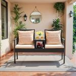 Devoko Patio Conversation Sets Outdoor Loveseat with Built-in Table & Cushions Wicker Patio Furniture Porch Chairs Bench for Lawn, Backyard, Balcony (Beige)