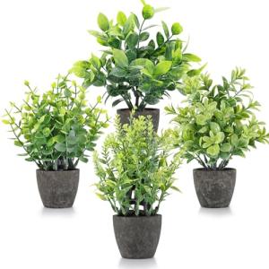 FAVOWREATH 4 Pack Fake Plants Ceramic Mini Artificial Greenery Potted Plants for Home, Office, Room, Farmhouse, Indoor Table, Bathroom Decor