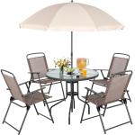 Vongrasig 6 Pieces Folding Patio Dining Set, All Weather Small Metal Outdoor Table and Chairs Set, Patio Furniture Set w/Umbrella, Glass Table & 4 Folding Chairs for Garden, Lawn, Backyard, Brown