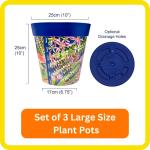 Hum Flowerpots, 10 inch Set of 3, Various Patterns Colors and Sizes, Indoor/Outdoor Plastic Plant Pots (Multi Floral)