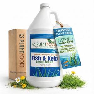 Omri Listed Fish & Kelp Fertilizer by GS Plant Foods (1 Gallon) - Organic Fertilizer for Vegetables, Trees, Lawns, Shrubs, Flowers, Seeds & Plants - Hydrolyzed Fish and Seaweed Blend