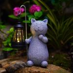 Solar Cat Statue with Lantern for Garden Decor