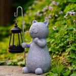 Solar Cat Statue with Lantern for Garden Decor