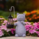 Solar Cat Statue with Lantern for Garden Decor