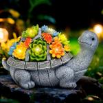 Solar Turtle Statue Garden Decor for Outside with Succulents and 7 LED Lights – 10.3 Inch Cute Lawn Ornaments for Patio, Porch, Balcony & Yard – Unique Birthday Gifts for Women Mom Grandma Wife