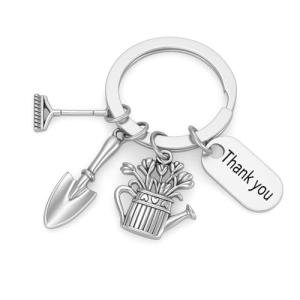Gardening Keychain –Rake, Shovel, Watering Can with Plant Charms & “Thank You” Tag, Cool Keychians Gifts for Women Men Gardeners, Teachers & Appreciation Moments