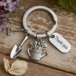Gardening Keychain –Rake, Shovel, Watering Can with Plant Charms & “Thank You” Tag, Cool Keychians Gifts for Women Men Gardeners, Teachers & Appreciation Moments