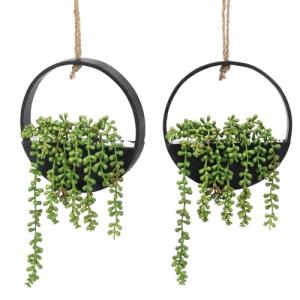 CEWOR 2pcs Artificial Hanging Succulent Plants, Fake String of Pearls in Pot with Lanyard Boho Wall Decor for Bathroom Living Room Home Indoor Outdoor Decorations, Black