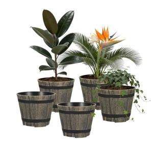 WEICHENGXING 5 Pack 7 Inch Plastic Plant Pots, Whiskey Barrel Planters, Flower Pots for Indoor Outdoor Home Herb Snake Plants, Durable Pots, Set of 5