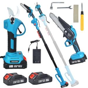Clownya 4-in-1 Cordless Pole saw Pruning Set, Electric Pruning Shears & 6 Inch pole saws for tree trimming with 8ft Max Extension Pole, Two 20V 2.0Ah Batteries, Electric Pole Saw Tree Trimming Kit