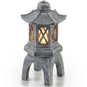 VP Home Solar-Powered Pagoda Garden Statues - Japanese Zen Lantern Outdoor Decor with Flickering LED Light - Durable Polyresin for Yard, Patio, or Garden - 12 x 7 x 6 Inches (Zen Garden Pagoda)