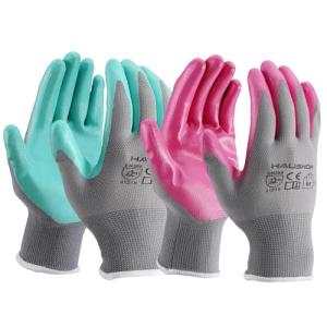 HAUSHOF Gardening Gloves for Women Ladies Thorn Proof 6-Pairs Work Gloves, Women's Breathable Garden Gloves Nitrile Coated with Texture for Yard Work, Pink & Green Large Size