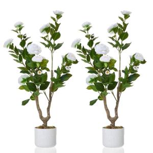 2Pcs/3FT Artificial Camellia Tree for Indoor Porch Decor, Realistic Faux Plant in Pot with White Flowers, 35" Tall Potted Greenery Fake Camellia Plant for Home Office Outdoor Patio Wedding Decor