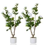 2Pcs/3FT Artificial Camellia Tree for Indoor Porch Decor, Realistic Faux Plant in Pot with White Flowers, 35" Tall Potted Greenery Fake Camellia Plant for Home Office Outdoor Patio Wedding Decor