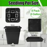 RimCereal 8 Pack 5 Gallon Large Pots for Plants Square Nursery Pots with Drainage Saucer 12 Inch Black Plastic Nursery Garden Planter Container for Indoor Outdoor Vegetables Succulent Flower Gifts