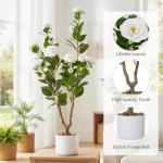 2Pcs/3FT Artificial Camellia Tree for Indoor Porch Decor, Realistic Faux Plant in Pot with White Flowers, 35" Tall Potted Greenery Fake Camellia Plant for Home Office Outdoor Patio Wedding Decor