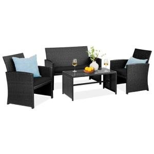 Best Choice Products 4-Piece Outdoor Wicker Patio Conversation Furniture Set for Backyard w/Coffee Table, Seat Cushions - Black/Black