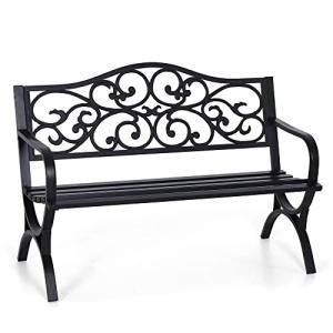 Sophia & William 50" Outdoor Garden Bench Patio Park Bench, Cast Iron Metal Frame Furniture with Floral Design Backrest for Porch Yard Lawn Deck, Black