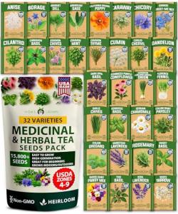 HOME GROWN Herb Seeds 32 Medicinal Herbs and Tea Variety Pack – Annual & Perennial Herb Seeds for Planting Indoors & Outdoor – Non-GMO, Heirloom Seeds, Easy to Grow, High Germination Garden Kit