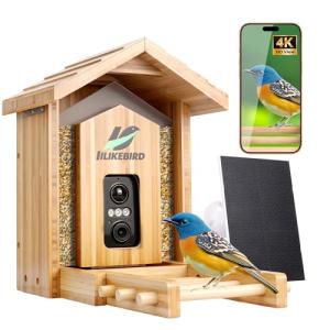 Bamboo Smart Bird Feeder with 4K Camera, AI Bird Identification 10000+ Species, Solar Powered & USB-C Charging, IP65 Weatherproof, 1.25L Speed Capacity for Outdoor Garden (Wall Mount/Pole) (Large)