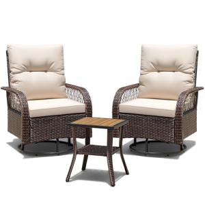 Devoko Patio Furniture Set Outdoor 3 Pieces Wicker Swivel Rocking Chairs Set of 2 with Coffee Table, Patio Conversation Set for Porch, Balcony, Deck, Garden (Brown)