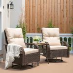 Devoko Patio Furniture Set Outdoor 3 Pieces Wicker Swivel Rocking Chairs Set of 2 with Coffee Table, Patio Conversation Set for Porch, Balcony, Deck, Garden (Brown)
