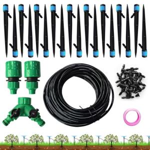 Drip Irrigation System, Push-to-Connect Adjustable Irrigation Set for Garden, Raised Beds Complete Garden Watering System 1/4” Emitters and 59ft Flexible Tubing, Quick Connectors (59)