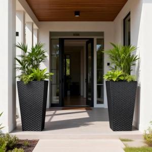 Sziqiqi Tall Planter for Indoor Outdoor: Set of 2 Large 21.6in Metal Taper Plant Pots with Inner Pots - Square Black Flower Pot with Drainage Holes for Outside Front Door Patio Garden Floor