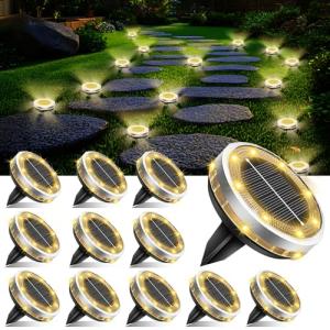 Solar Ground Lights Outdoor 12 Pack Waterproof, Upgraded Solar Garden Lights with 4 Side Light, Stainless Steel Solar Powered Disc Landscape Light for Walkway Pathway Lawn Yard Patio Deck-Warm White