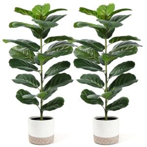 Der Rose 2 Pack 30" Artificial Fiddle Leaf Fig Tree with Warm LED Lights – Battery Powered, Mid-Size Fake Plants for Living Room, Bedroom, Entryway & Home Decor