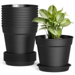 SwinDuck 10 Pack 6 Inch Plant Pots with Drainage and Saucers, Black Plastic Flower Pots for Indoor and Outdoor Plants, Stackable Nursery Planters for Houseplants and Herbs, Black
