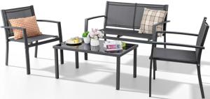 Shintenchi 4 Pieces Patio Furniture Set All Weather Textile Fabric Outdoor Conversation Set, with Glass Coffee Table, Loveseat, 2 Single Chairs for Home, Garden, Lawn, Porch（Gray）