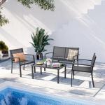 Shintenchi 4 Pieces Patio Furniture Set All Weather Textile Fabric Outdoor Conversation Set, with Glass Coffee Table, Loveseat, 2 Single Chairs for Home, Garden, Lawn, Porch（Gray）