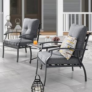 TOP HOME SPACE Patio Bistro Set 3 Pieces Metal Outdoor Furniture Sets Metal Patio Chairs with Side Table Thick Cushions Galvanized Steel Frame (Dark Grey)