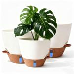 Nuotuv 8/9/10 Inch Large Self Watering Pots, Plastic Flower Pots with Multi Mesh Drainage Holes and Water Level Indicator & Deep Reservoir for Indoor Outdoor Garden Plants and Flowers (White)