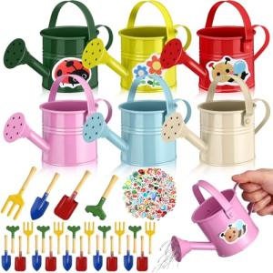 Blueweenly 130 Pcs Kids Garden Tools Set Include 6 Pcs Small Metal Watering Can 24 Gardening Tools Kit Shovel, Rake, Fork and Trowel with Wooden Handle and 100 Stickers for Kids Beach Planting Gifts