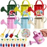 Blueweenly 130 Pcs Kids Garden Tools Set Include 6 Pcs Small Metal Watering Can 24 Gardening Tools Kit Shovel, Rake, Fork and Trowel with Wooden Handle and 100 Stickers for Kids Beach Planting Gifts