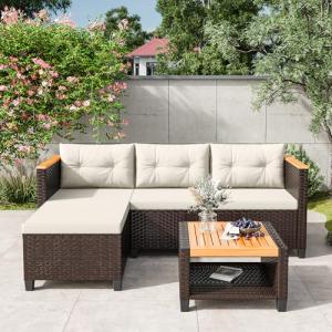 Wisteria Lane Small Patio Furniture Set, All-Weather PE Rattan Outdoor Sectional with Storage Table, L Shape Outdoor Couch with Cushions, 3 Piece Wicker Patio Furniture for Balcony, Brown