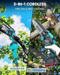 Electric Tree Saw for Pruning High Branches, 2-in-1 6" Brushless Mini Chainsaw Cordless with Extension Pole 2 Batteries, Battery Powered Hand held Chain Saw & Pole Pruner for Trimming Tree Limbs