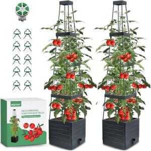 MQFORU 2 Packs Raised Garden Bed Tomato Planter with Trellis, 57" Tomato Cages for Climbing Vegetables Plant, Self Watering Planters Box for Garden Pots for Patio Greenhouse Indoor Outdoor（2PCS）