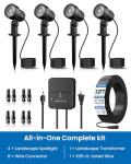 ZZXX All-in-One LED Landscape Lighting Kit, 4-Pack Low Voltage Landscape Lights with Transformer 32FT Wire and Connectors, 2700K Waterproof Outside Spotlights for Yard Garden Tree Pathway House