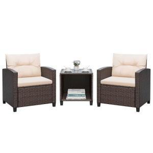 Greesum 3 Pieces Patio Furniture Sets Outdoor PE Rattan Wicker Chairs with Soft Cushion and Glass Coffee Table for Garden Backyard Porch Poolside, Beige